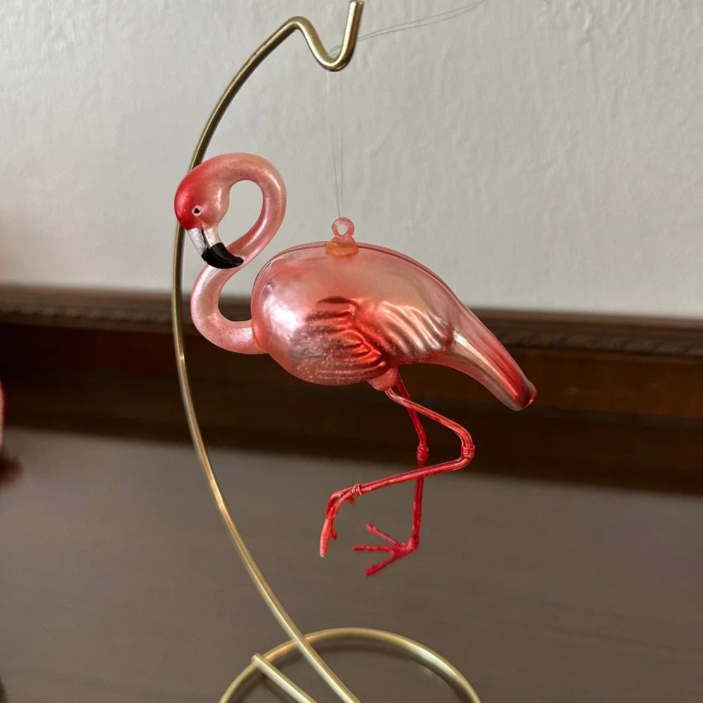 Pink Flamingo Glass Christmas Ornament Iridescent Tropical Bird Holiday 5.5''